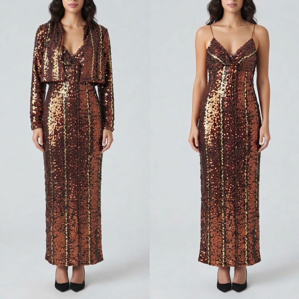 Vintage Lillie Rubin Bronze Sequin Maxi Gown Jacket Set Sz 8